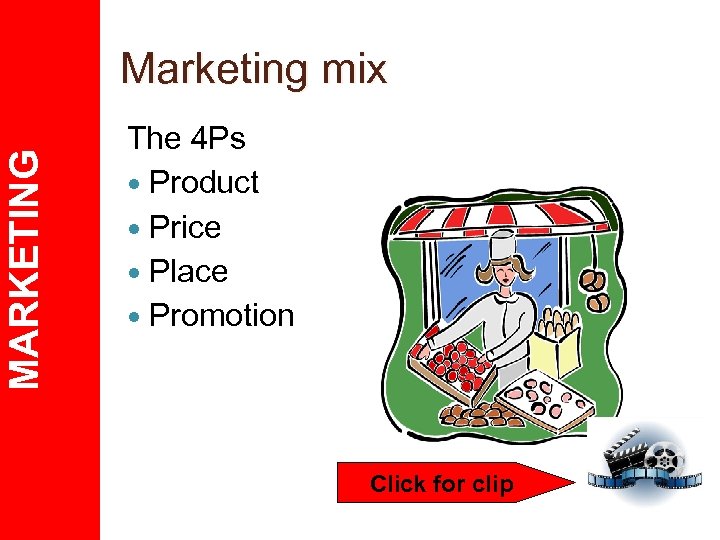 MARKETING Marketing mix The 4 Ps Product Price Place Promotion Click for clip 