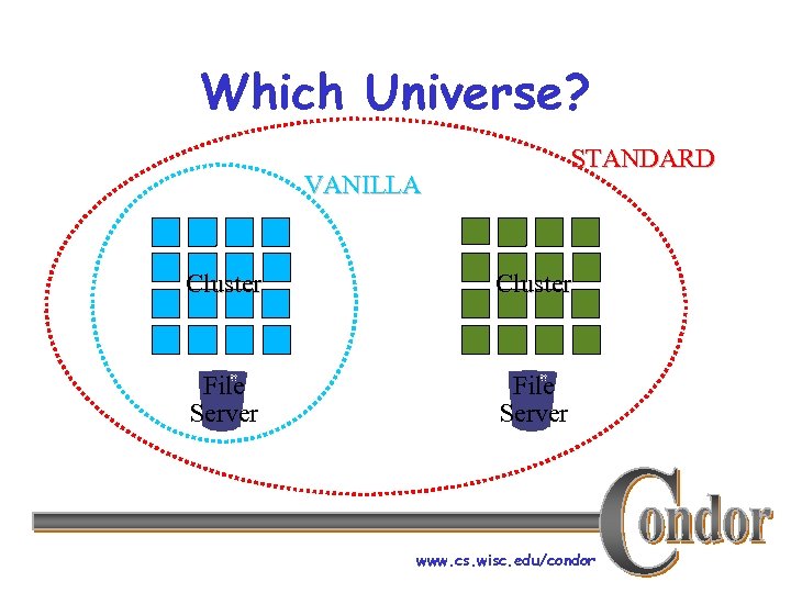 Which Universe? STANDARD VANILLA Cluster File Server www. cs. wisc. edu/condor 