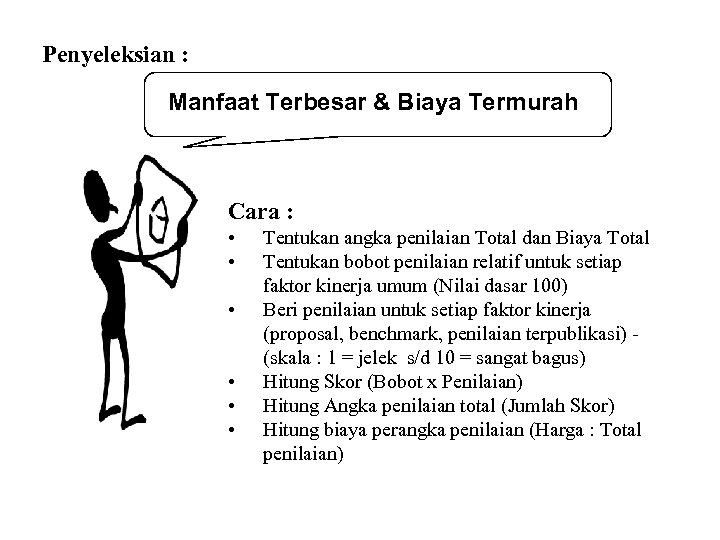 Penyeleksian : Manfaat Terbesar & Biaya Termurah Cara : • • • Tentukan angka