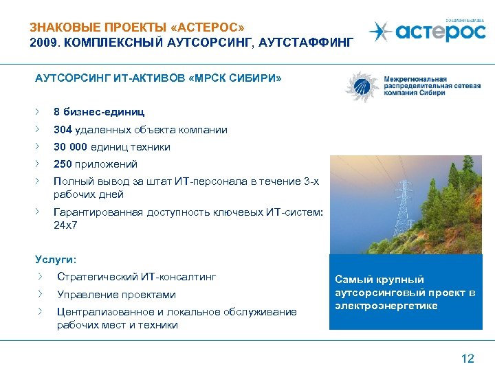 ЗНАКОВЫЕ ПРОЕКТЫ «АСТЕРОС» 2009. КОМПЛЕКСНЫЙ АУТСОРСИНГ, АУТСТАФФИНГ АУТСОРСИНГ ИТ-АКТИВОВ «МРСК СИБИРИ» 8 бизнес-единиц 304