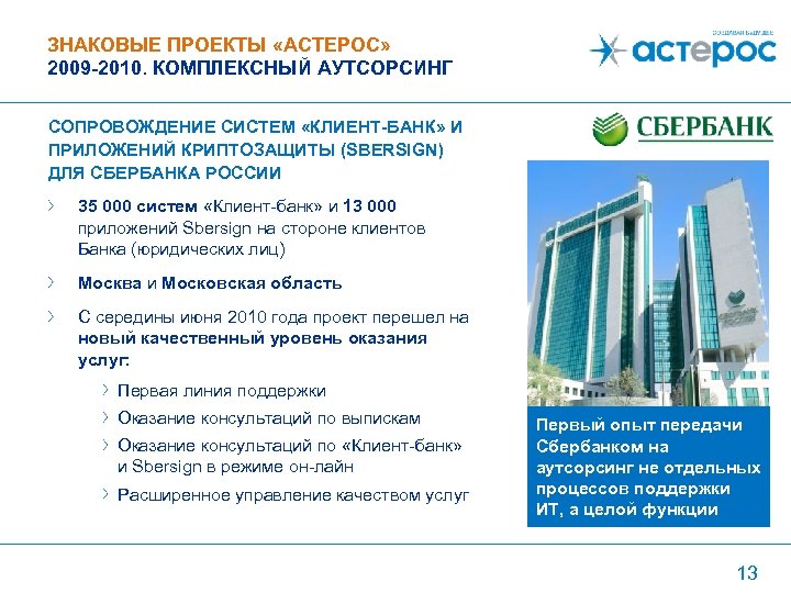 ЗНАКОВЫЕ ПРОЕКТЫ «АСТЕРОС» 2009 -2010. КОМПЛЕКСНЫЙ АУТСОРСИНГ СОПРОВОЖДЕНИЕ СИСТЕМ «КЛИЕНТ-БАНК» И ПРИЛОЖЕНИЙ КРИПТОЗАЩИТЫ (SBERSIGN)