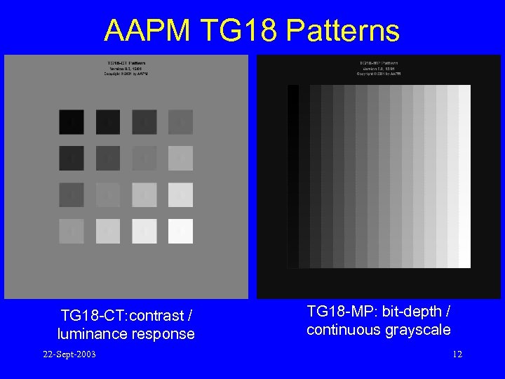 AAPM TG 18 Patterns TG 18 -CT: contrast / luminance response 22 -Sept-2003 TG