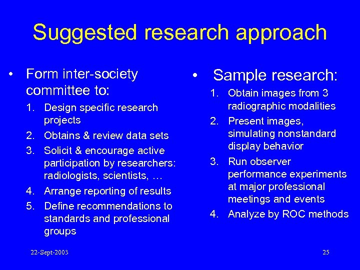 Suggested research approach • Form inter-society committee to: 1. Design specific research projects 2.