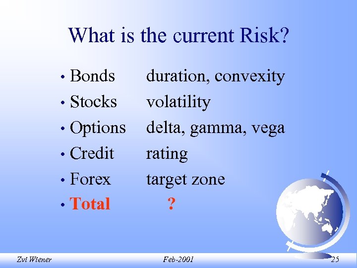 What is the current Risk? Bonds • Stocks • Options • Credit • Forex