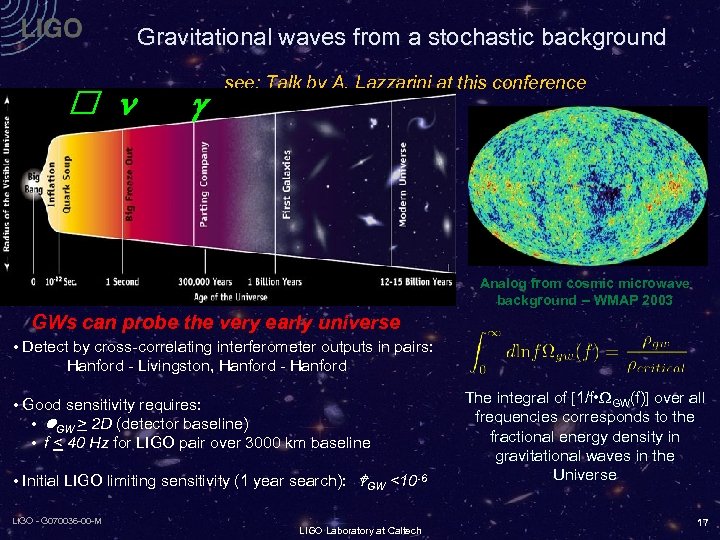 Gravitational waves from a stochastic background see: Talk by A. Lazzarini at this conference