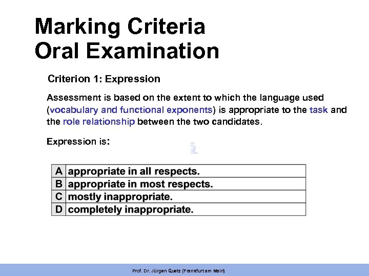 Marking Criteria Oral Examination Criterion 1: Expression Assessment is based on the extent to