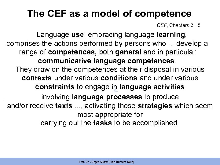 The CEF as a model of competence CEF, Chapters 3 - 5 Language use,