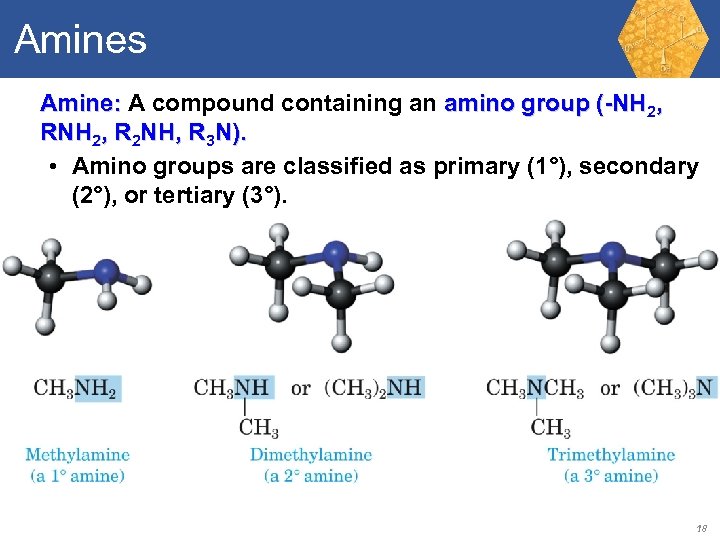 Amines Amine: A compound containing an amino group (-NH 2, R 2 NH, R