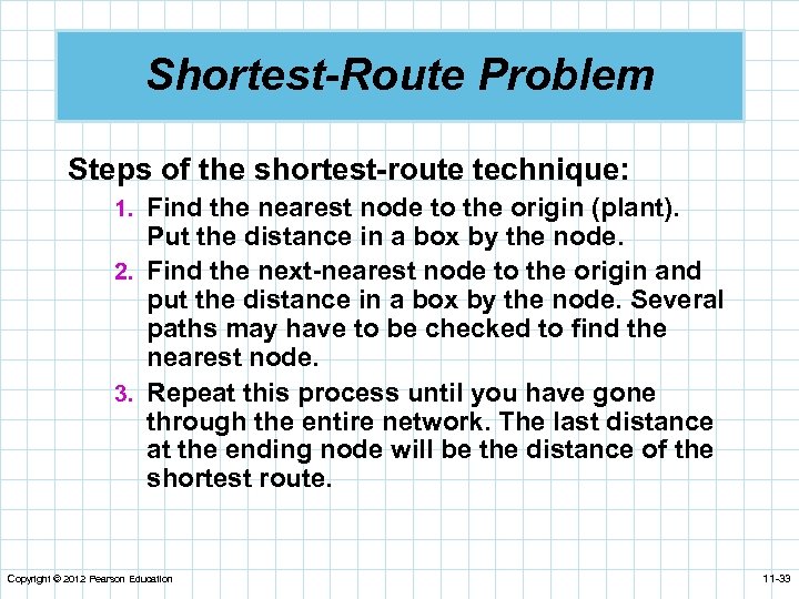 Shortest-Route Problem Steps of the shortest-route technique: 1. Find the nearest node to the