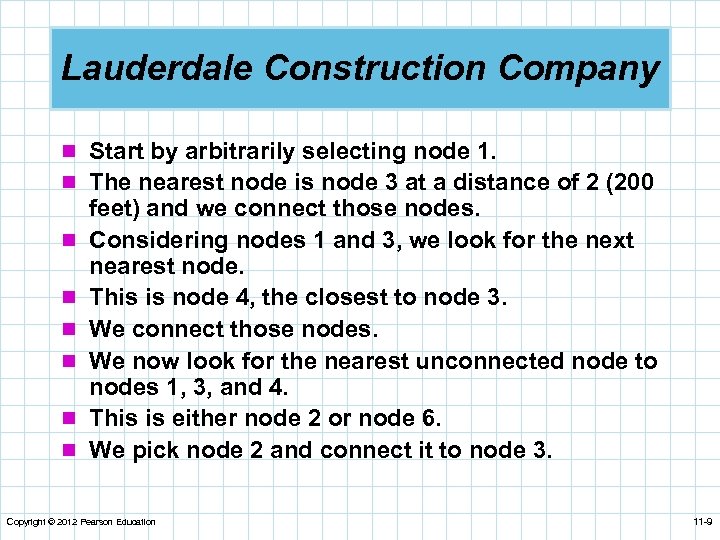 Lauderdale Construction Company n Start by arbitrarily selecting node 1. n The nearest node
