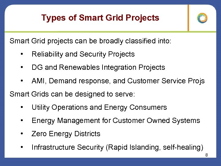 Types of Smart Grid Projects Smart Grid projects can be broadly classified into: •