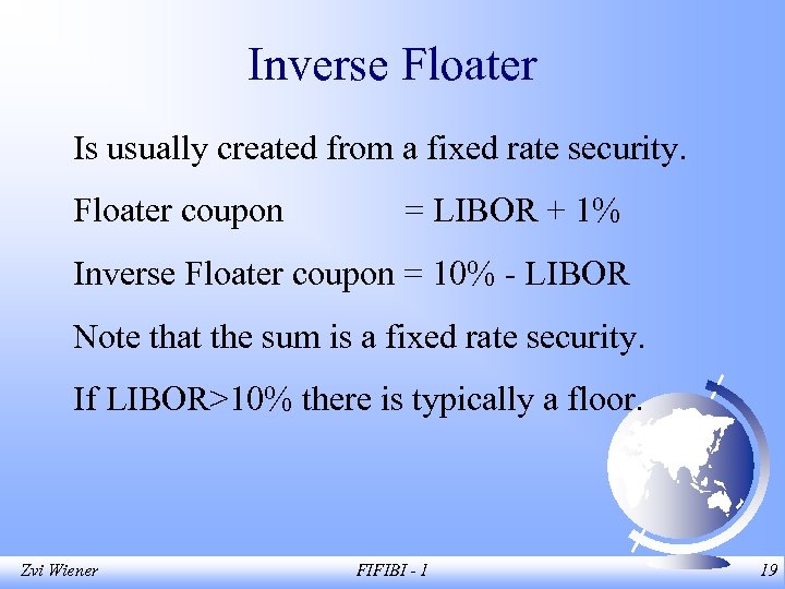 Inverse Floater Is usually created from a fixed rate security. Floater coupon = LIBOR