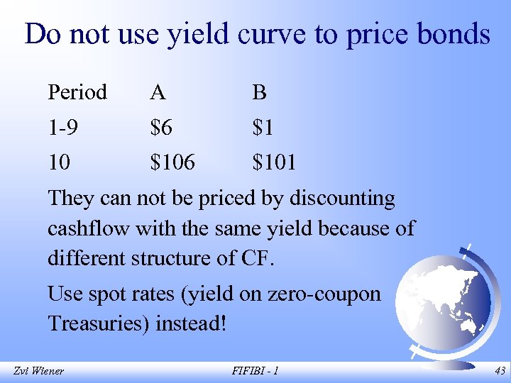 Do not use yield curve to price bonds Period A B 1 -9 $6