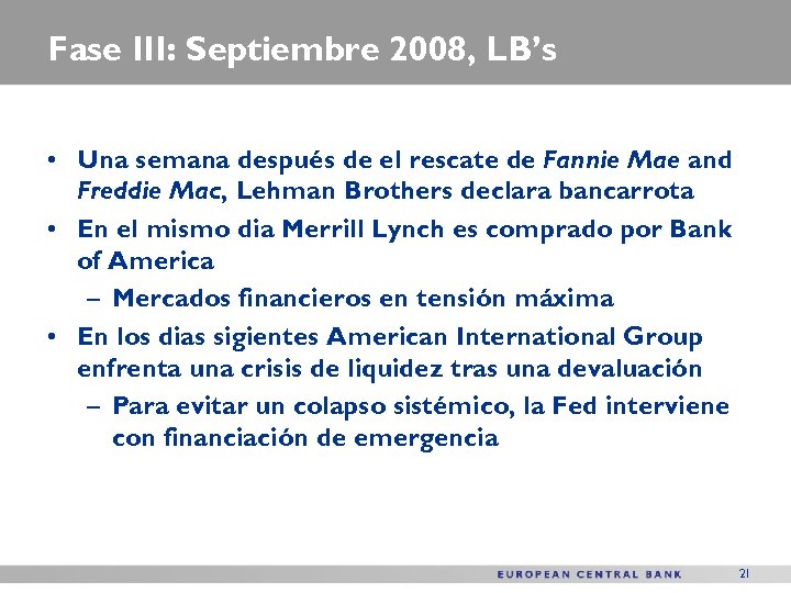Fase III: Septiembre 2008, LB’s • Una semana después de el rescate de Fannie