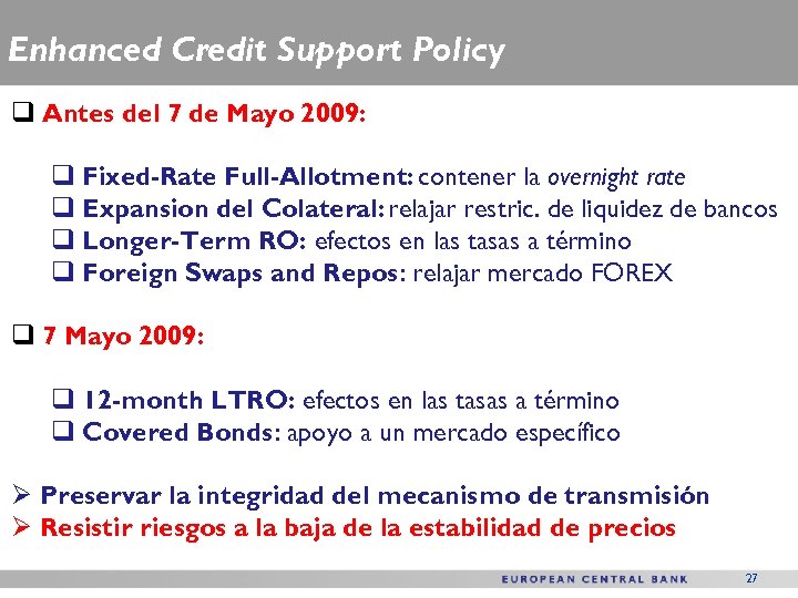 Enhanced Credit Support Policy q Antes del 7 de Mayo 2009: q Fixed-Rate Full-Allotment: