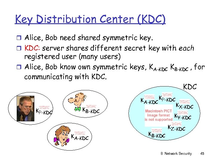 Key Distribution Center (KDC) r Alice, Bob need shared symmetric key. r KDC: server