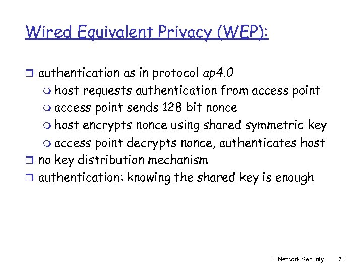 Wired Equivalent Privacy (WEP): r authentication as in protocol ap 4. 0 m host