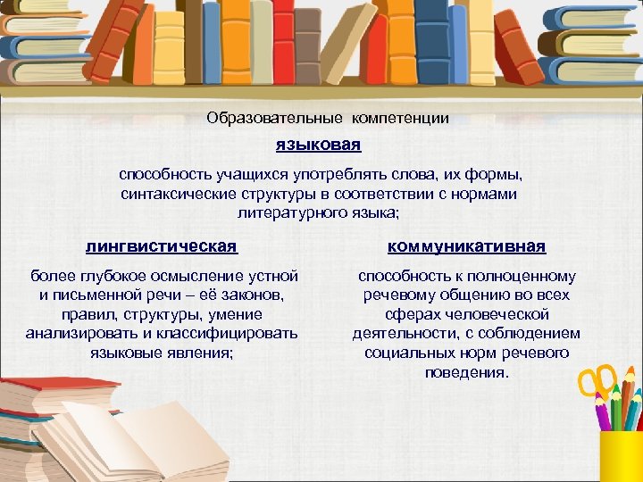 Образовательные компетенции языковая способность учащихся употреблять слова, их формы, синтаксические структуры в соответствии с