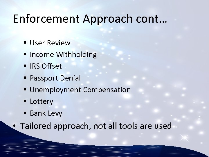 Enforcement Approach cont… § § § § User Review Income Withholding IRS Offset Passport