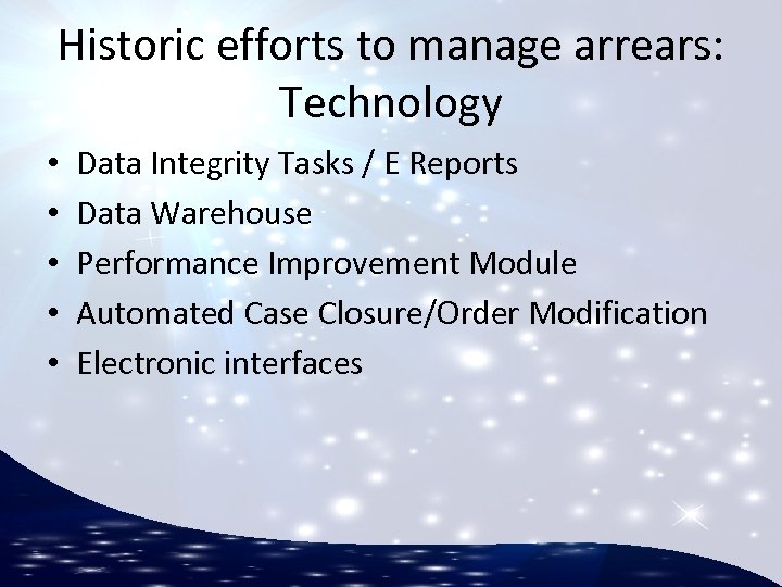 Historic efforts to manage arrears: Technology • • • Data Integrity Tasks / E
