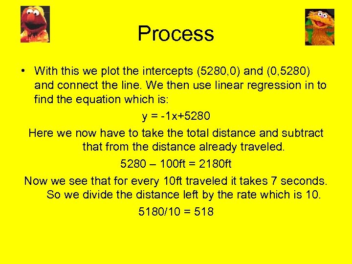 Process • With this we plot the intercepts (5280, 0) and (0, 5280) and