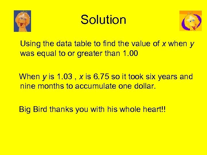 Solution Using the data table to find the value of x when y was