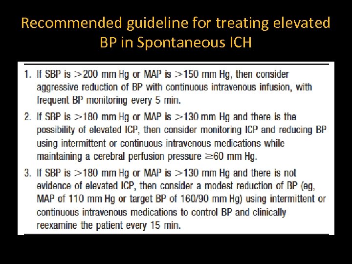 Recommended guideline for treating elevated BP in Spontaneous ICH 