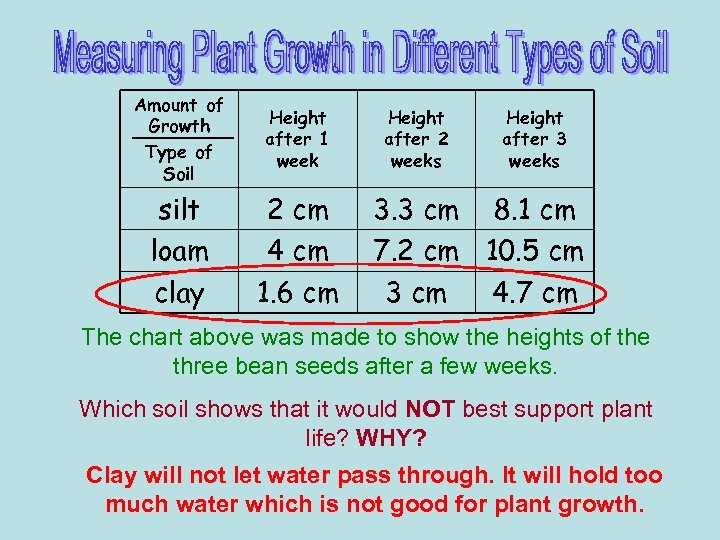 Amount of Growth Type of Soil Height after 1 week silt loam clay 2