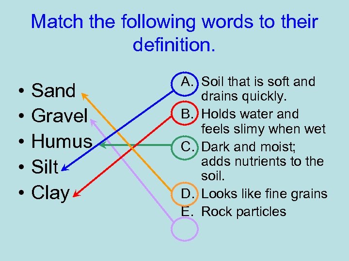 Match the following words to their definition. • • • Sand Gravel Humus Silt