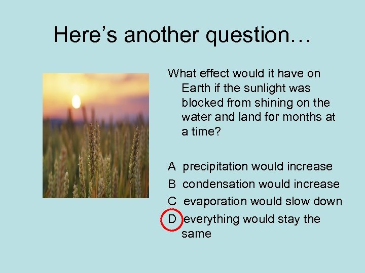 Here’s another question… What effect would it have on Earth if the sunlight was