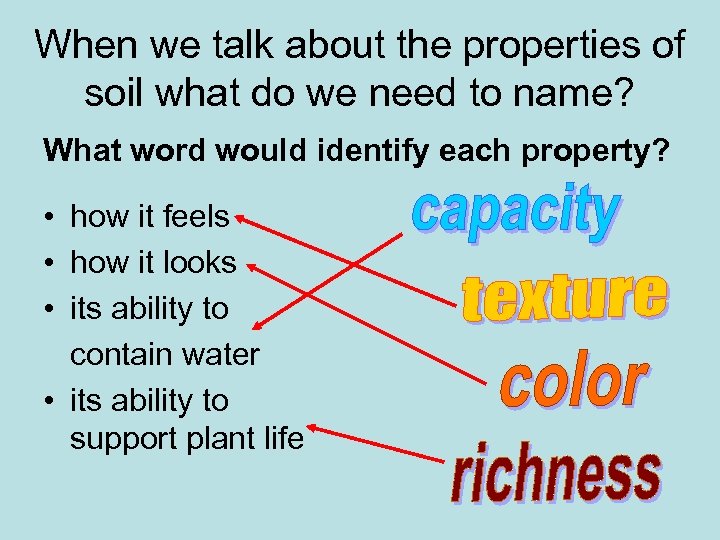 When we talk about the properties of soil what do we need to name?