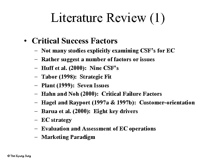 Literature Review (1) • Critical Success Factors – – – © Tae Kyung Sung