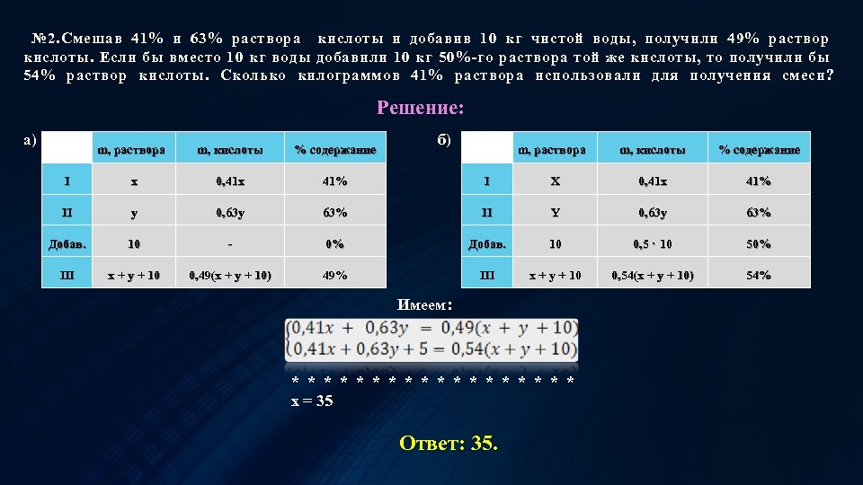  № 2. Смешав 41% и 63% раствора кислоты и добавив 10 кг чистой