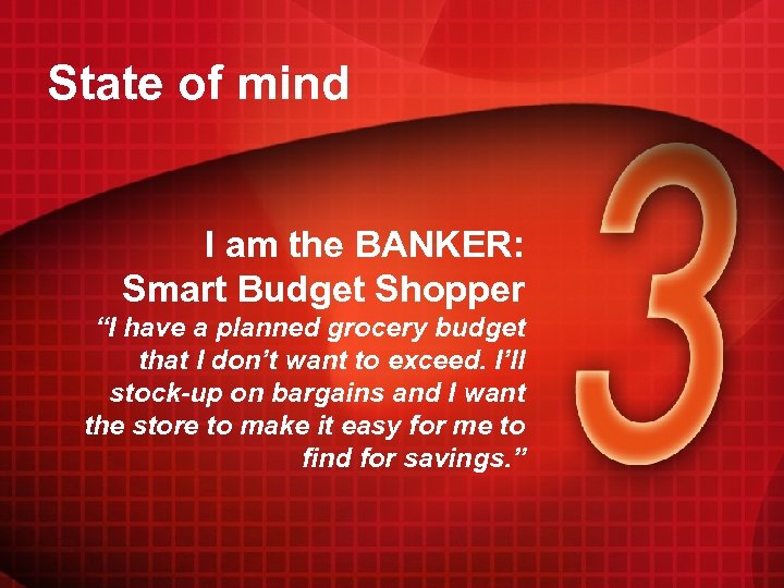 State of mind I am the BANKER: Smart Budget Shopper “I have a planned