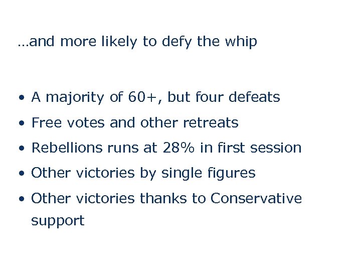 …and more likely to defy the whip • A majority of 60+, but four