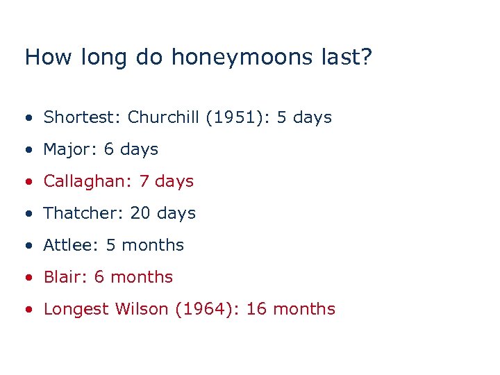 How long do honeymoons last? • Shortest: Churchill (1951): 5 days • Major: 6