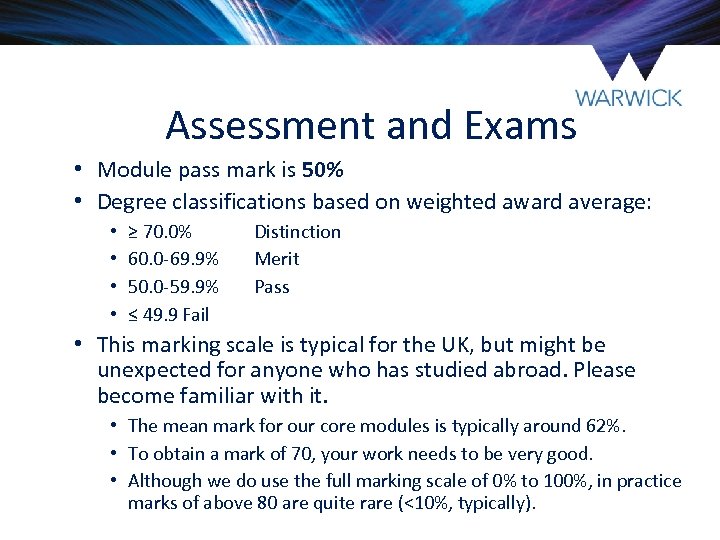 Assessment and Exams • Module pass mark is 50% • Degree classifications based on
