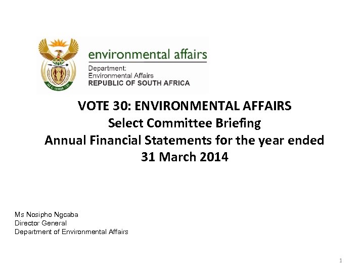 VOTE 30: ENVIRONMENTAL AFFAIRS Select Committee Briefing Annual Financial Statements for the year ended