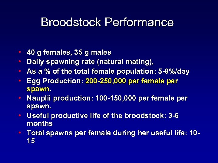 Broodstock Performance • • 40 g females, 35 g males Daily spawning rate (natural
