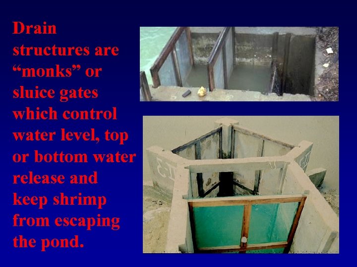 Drain structures are “monks” or sluice gates which control water level, top or bottom