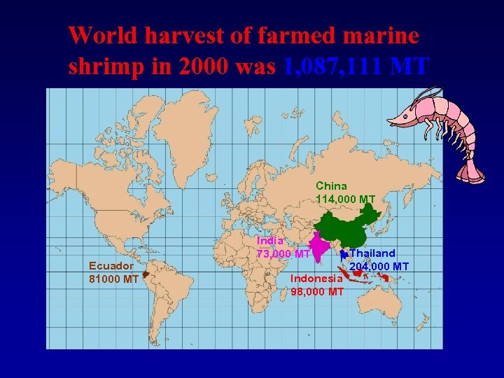 World harvest of farmed marine shrimp in 2000 was 1, 087, 111 MT China
