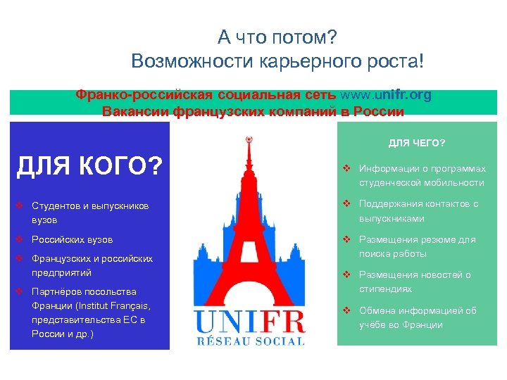 А что потом? Возможности карьерного роста! Франко-российская социальная сеть www. unifr. org Вакансии французских