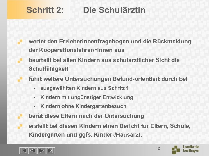 Schritt 2: Die Schulärztin . wertet den Erzieherinnenfragebogen und die Rückmeldung der Kooperationslehrer/‑innen aus