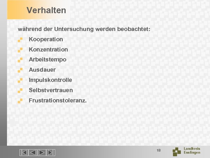 Verhalten während der Untersuchung werden beobachtet: . Kooperation . Konzentration . Arbeitstempo . Ausdauer