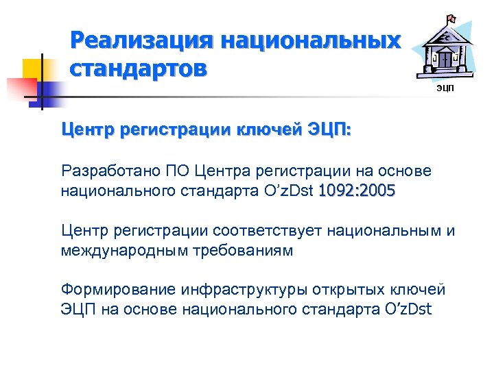 Реализация национальных стандартов ЭЦП Центр регистрации ключей ЭЦП: Разработано ПО Центра регистрации на основе