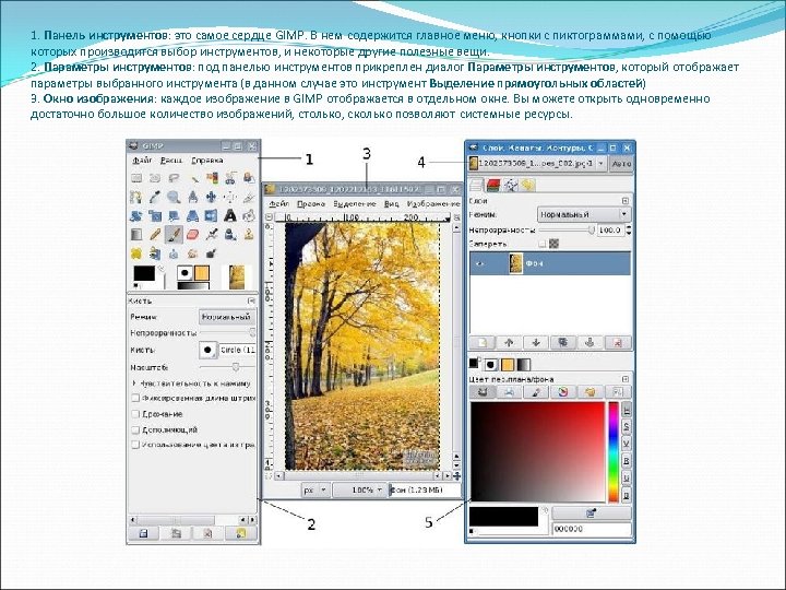 1. Панель инструментов: это самое сердце GIMP. В нем содержится главное меню, кнопки с