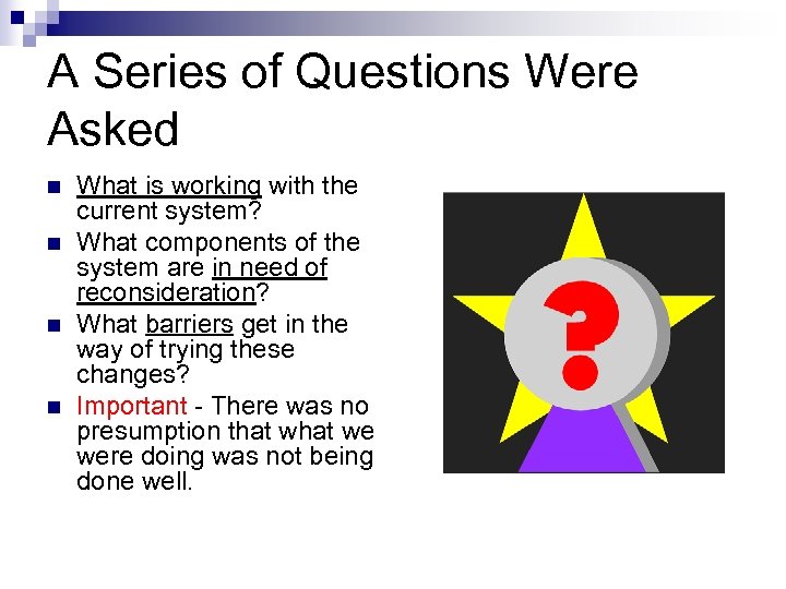 A Series of Questions Were Asked n n What is working with the current