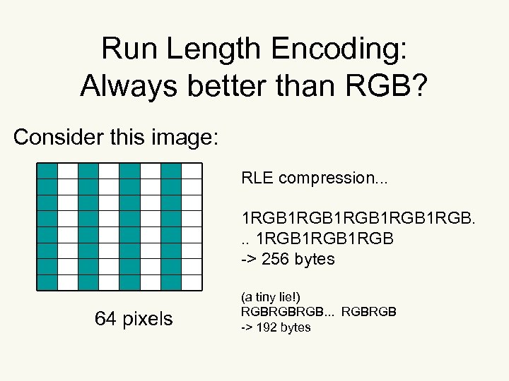 Run Length Encoding: Always better than RGB? Consider this image: RLE compression. . .