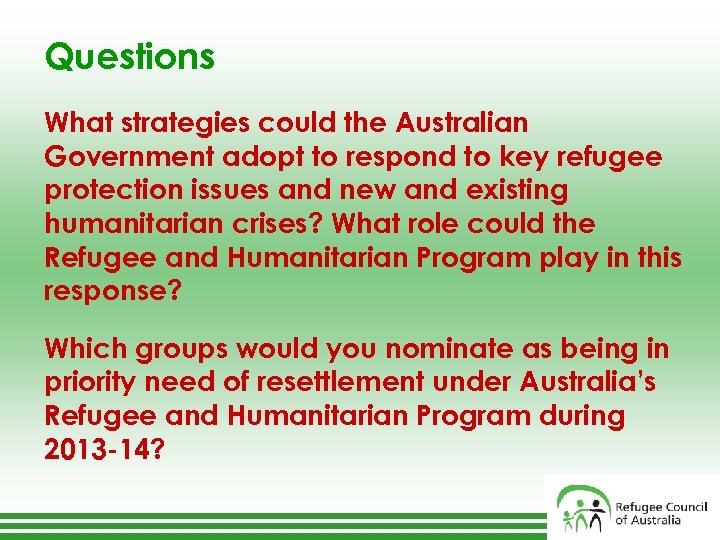 Questions What strategies could the Australian Government adopt to respond to key refugee protection