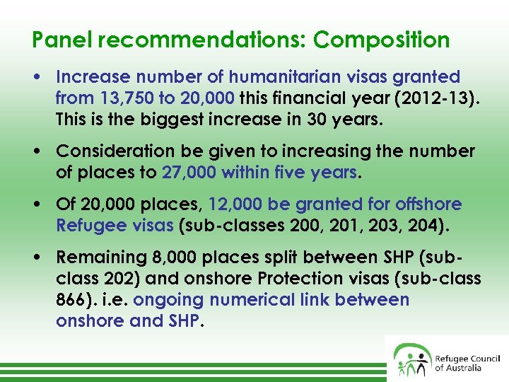 Panel recommendations: Composition • Increase number of humanitarian visas granted from 13, 750 to